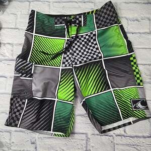 O'Neill Green Black Gray Geometric Board Shorts Pocket Unlined Swim size 29